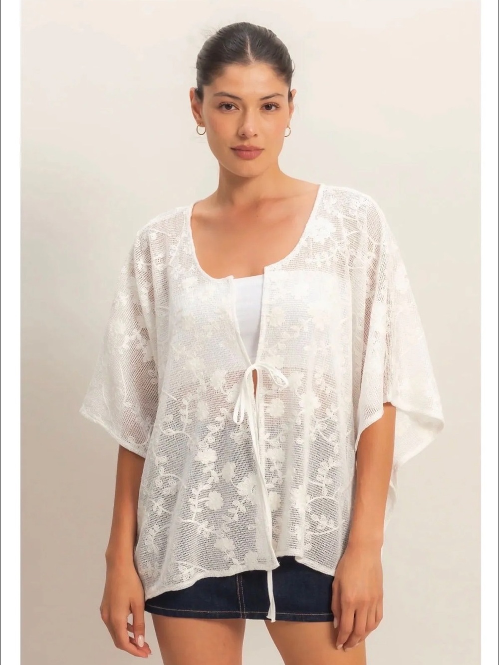 HYFVE Floral Lace Kimono Coverup White Oversized Small